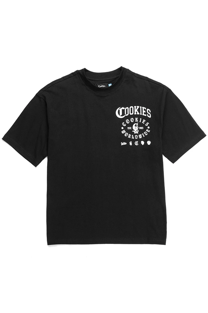 A black short-sleeve crewneck t-shirt with a white graphic print on the left chest reading 'COOKIES WORLDWIDE' in a circular design, shown against a plain white background.