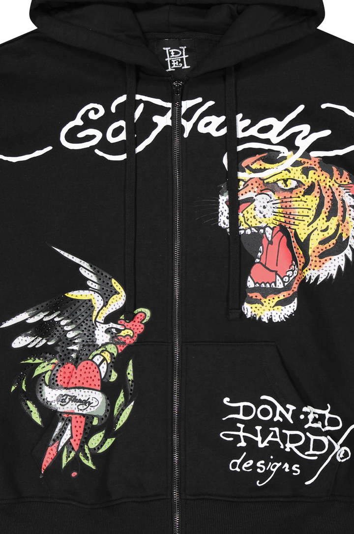 Ed Hardy Tiger Eagle Rhinestone Boxy Men's Zip Hoodie