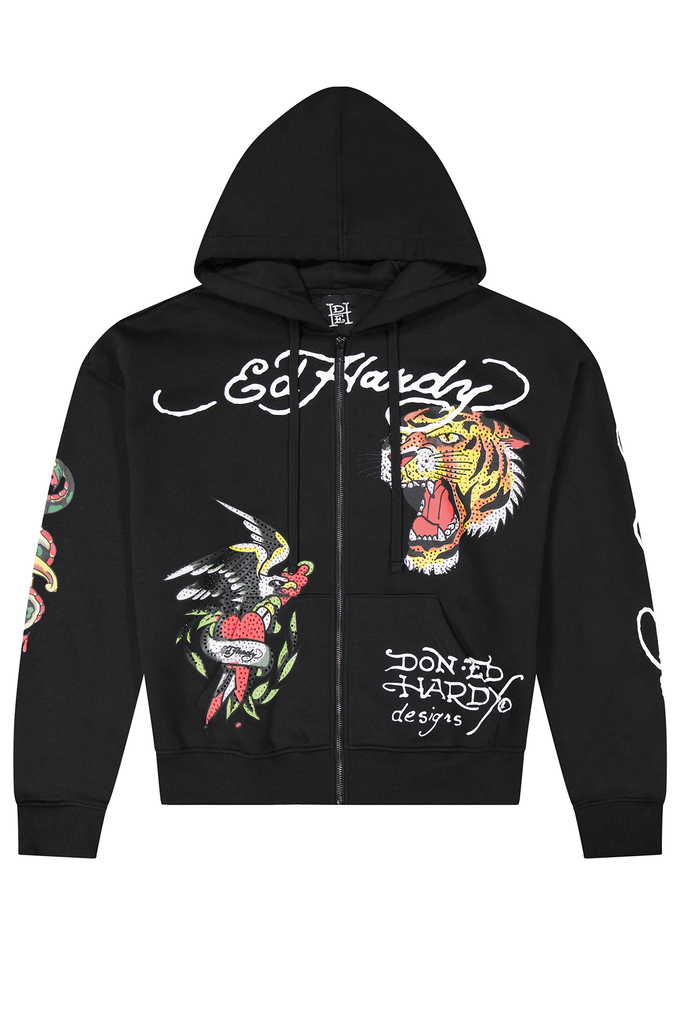 Ed Hardy Tiger Eagle Rhinestone Boxy Men's Zip Hoodie – Mainland