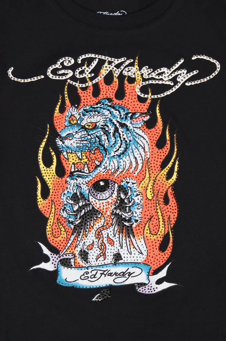 Ed Hardy Fire Tiger Rhinestone Women's Cap Sleeve Tee
