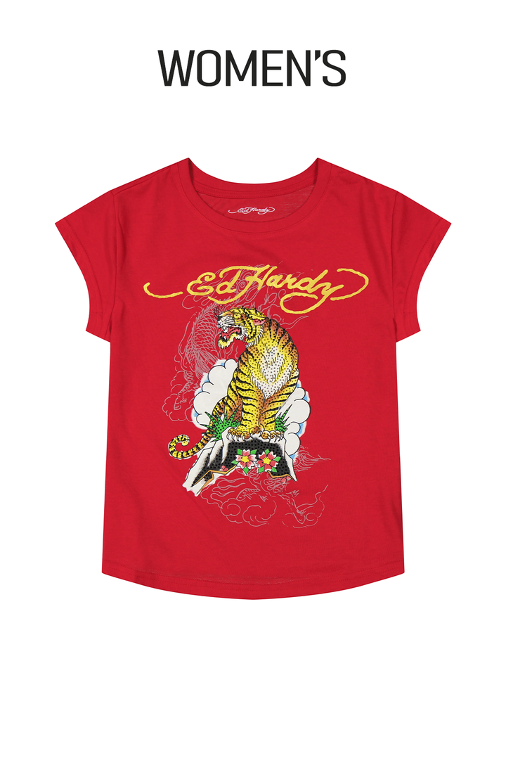 Ed Hardy Tiger Mountain Rhinestone Women's Cap Sleeve Tee