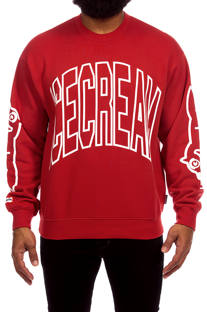 Red ICECREAM Coffee Oversize Cotton Crewneck Sweatshirt featuring an arched white brand logo on the front and running dog graphics on the sleeves, worn by a model. #color_american-beauty