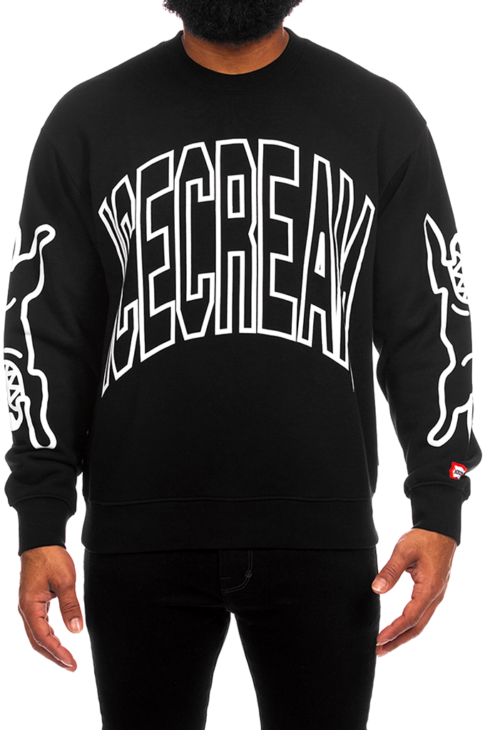 Man wearing an ICECREAM black oversized long sleeve crewneck sweatshirt featuring a large white arched ICECREAM logo across the chest and running dog graphic prints along both sleeves against a white studio background.
#color_black
