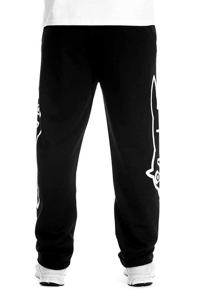 Back view of ICECREAM Mens Mint Drawstring Sweatpants in black (Style 461-6105) featuring a relaxed cotton fit and oversized white Running Dog graphics printed on the side legs.