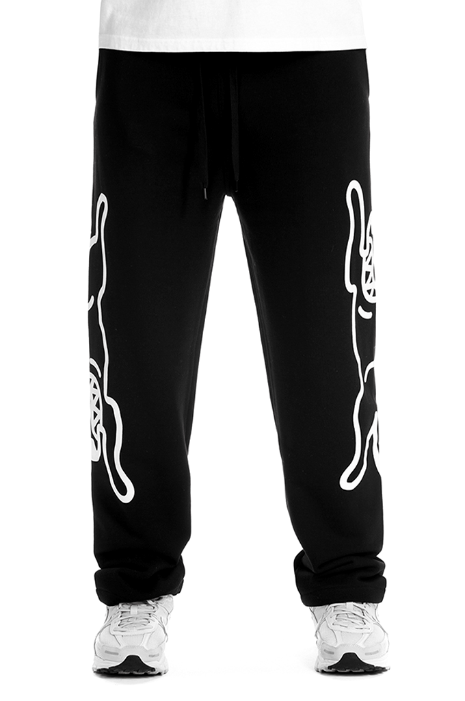 ICECREAM Mens Mint Drawstring Sweatpants in black (Style 461-6105) featuring a relaxed cotton fit and oversized white Running Dog graphics printed on the side legs.