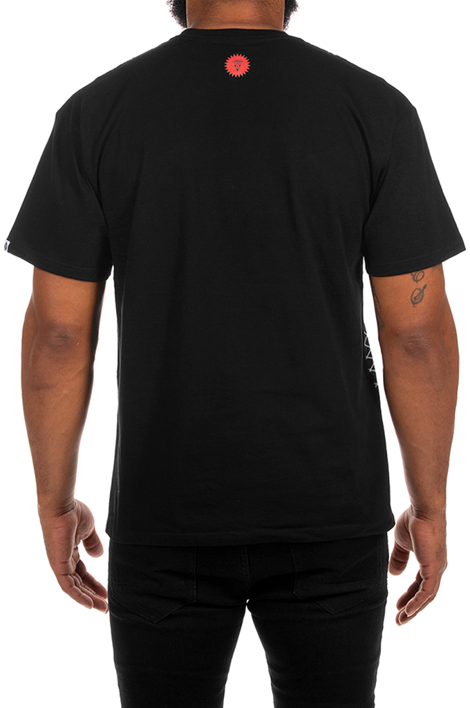 A man viewed from the back wearing a black short-sleeve t-shirt with a small red circular graphic centered on the upper back, paired with black pants against a plain white background.#color_black