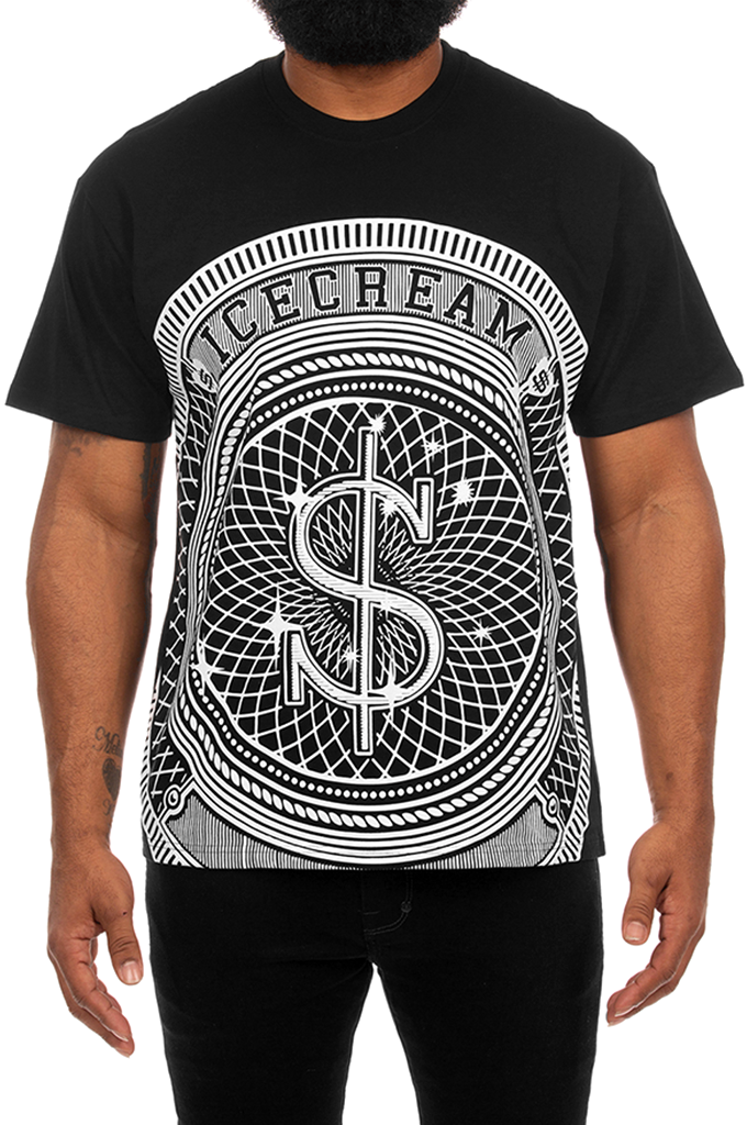 A man wearing a black short-sleeve t-shirt with a large white graphic print on the front featuring a dollar sign and the word 'ICECREAM'.#color_black