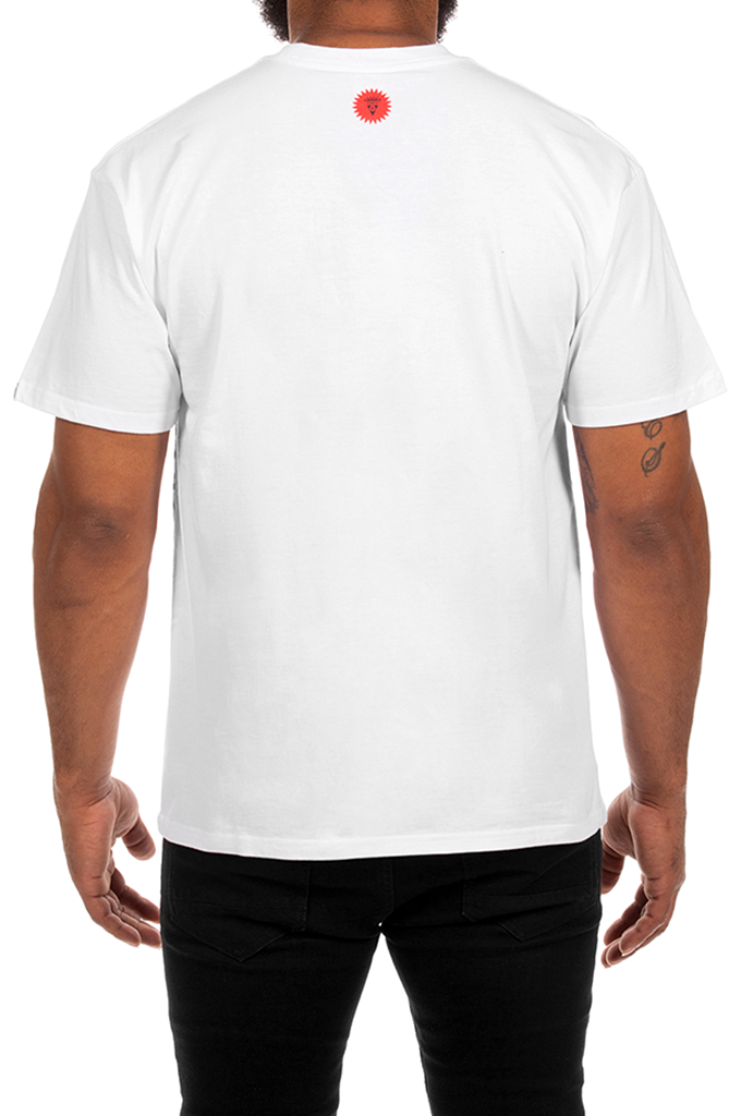 A man viewed from the back wearing a white short-sleeve t-shirt with a small red circular graphic centered on the upper back, paired with black pants, against a plain white background.#color_white