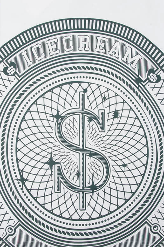A circular graphic design featuring a stylized dollar sign in the center, surrounded by intricate geometric line patterns and the word 'ICE CREAM' along the top arch.#color_white