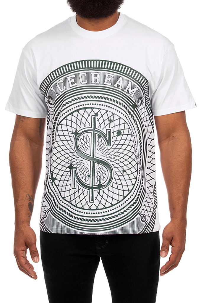A man wearing a white Ice Cream x Street Style collaboration graphic t-shirt with a large green and gray money-print design featuring a dollar sign.#color_white