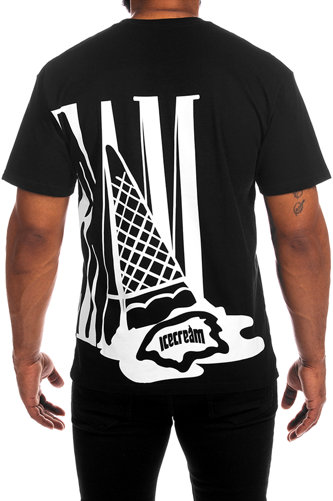 Back view of a model wearing the ICECREAM Chai short sleeve graphic t-shirt in black, featuring a large, stylized white "ICECREAM" font logo stretched across the back. #color_black