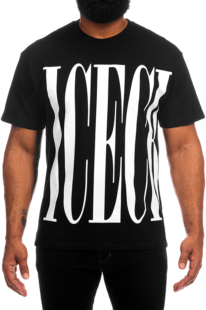 Front view of a model wearing the ICECREAM Chai short sleeve graphic t-shirt in black, featuring a large, stylized white "ICECREAM" font logo stretched across the chest. #color_black
