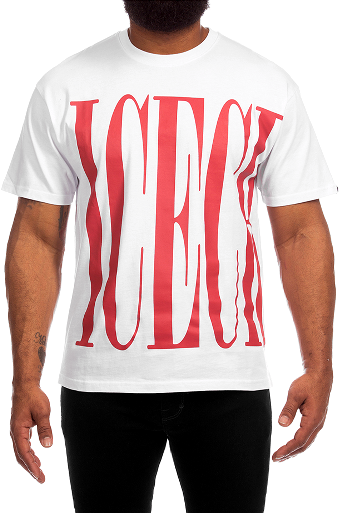 Front view of a model wearing the ICECREAM Chai short sleeve graphic t-shirt in white, featuring a large, stylized red "ICECREAM" font logo stretched across the chest. #color_white