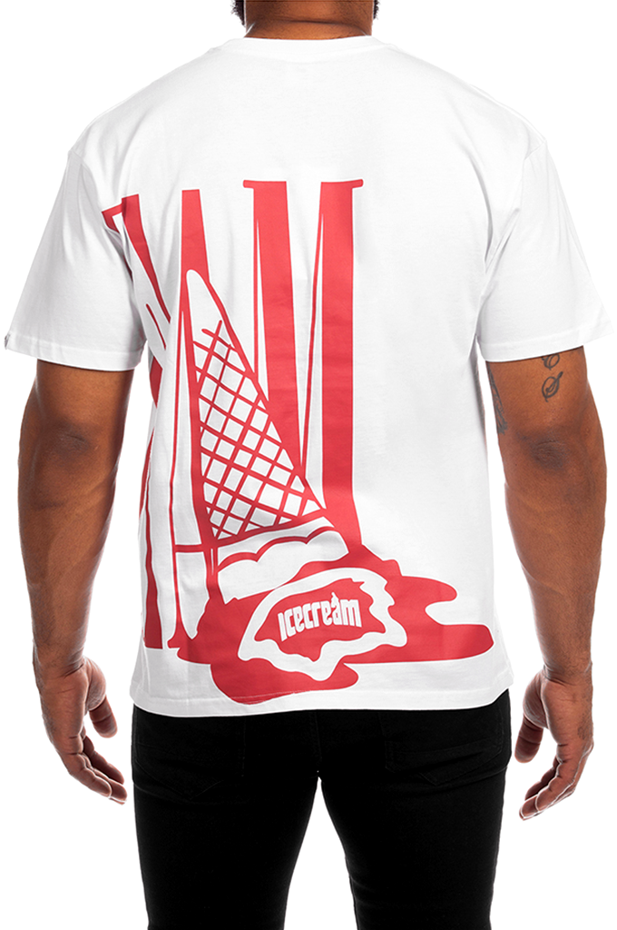 ICECREAM Men's Chai Short Sleeve Graphic Tee in White showing back graphic of large red melting ice cream cone #color_white