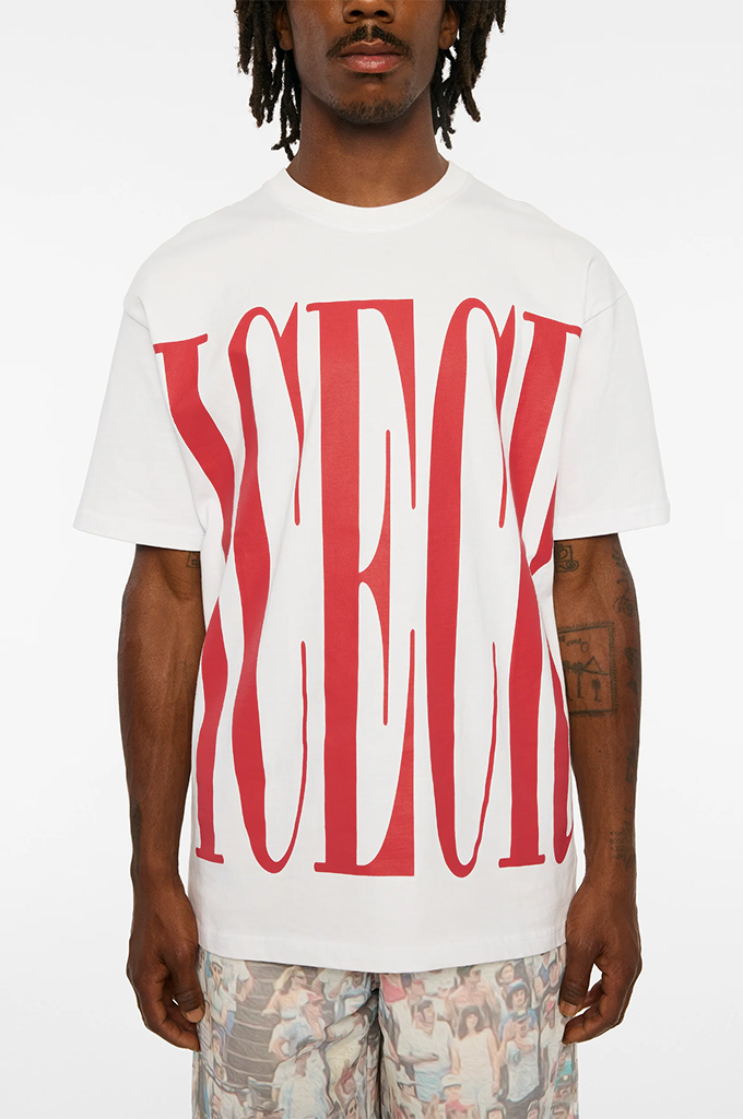 ICECREAM Men's Chai Short Sleeve Graphic Tee in White showing frontgraphic of large red ice cream text. #color_white