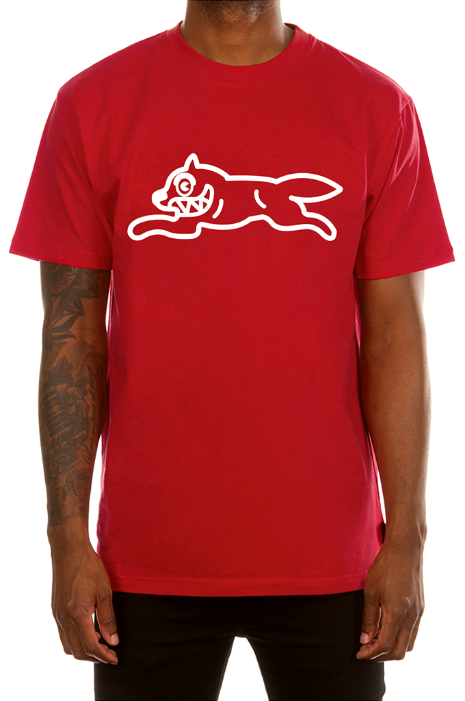 A front-facing view of a male model wearing a red ICECREAM Running Dog graphic t-shirt by Billionaire Boys Club. #color_american-beauty