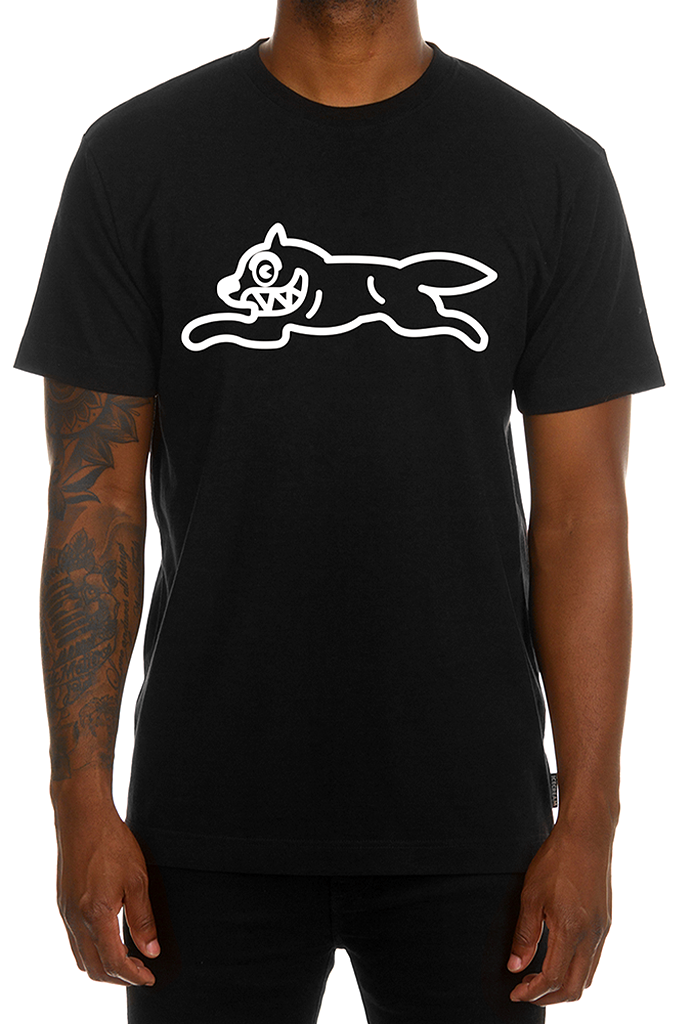 A front-facing view of a male model wearing a black ICECREAM Running Dog graphic t-shirt by Billionaire Boys Club. #color_black