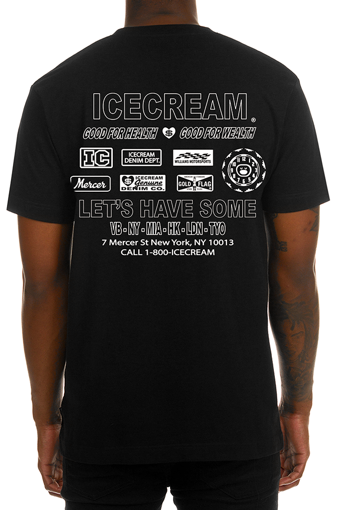 The back of a man wearing a black ICECREAM brand short-sleeve graphic t-shirt. The shirt features white outlined typography that reads "ICECREAM" and "LET'S HAVE SOME" alongside diverse brand logos, streetwear motifs, city acronyms, and the New York flagship store address at 7 Mercer St. #color_black