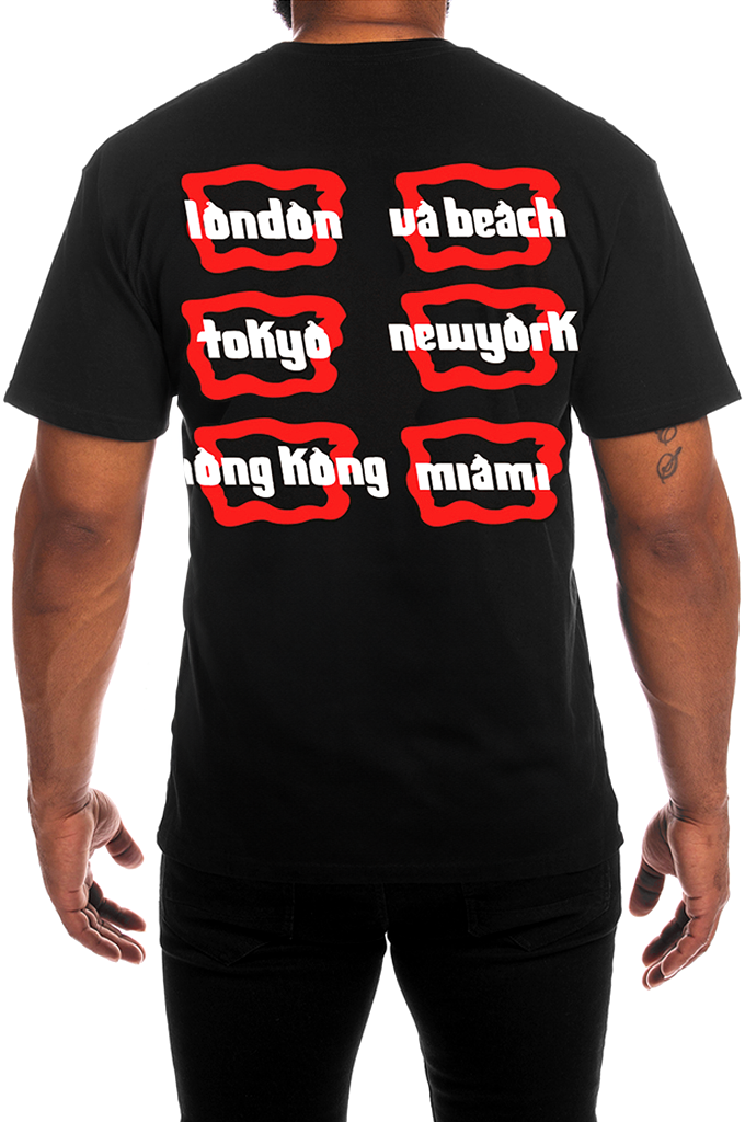 The back of a black ICECREAM List Graphic T-shirt featuring a screen-printed graphic of global city names including London, Tokyo, Hong Kong, VA Beach, New York, and Miami enclosed in bold red borders.