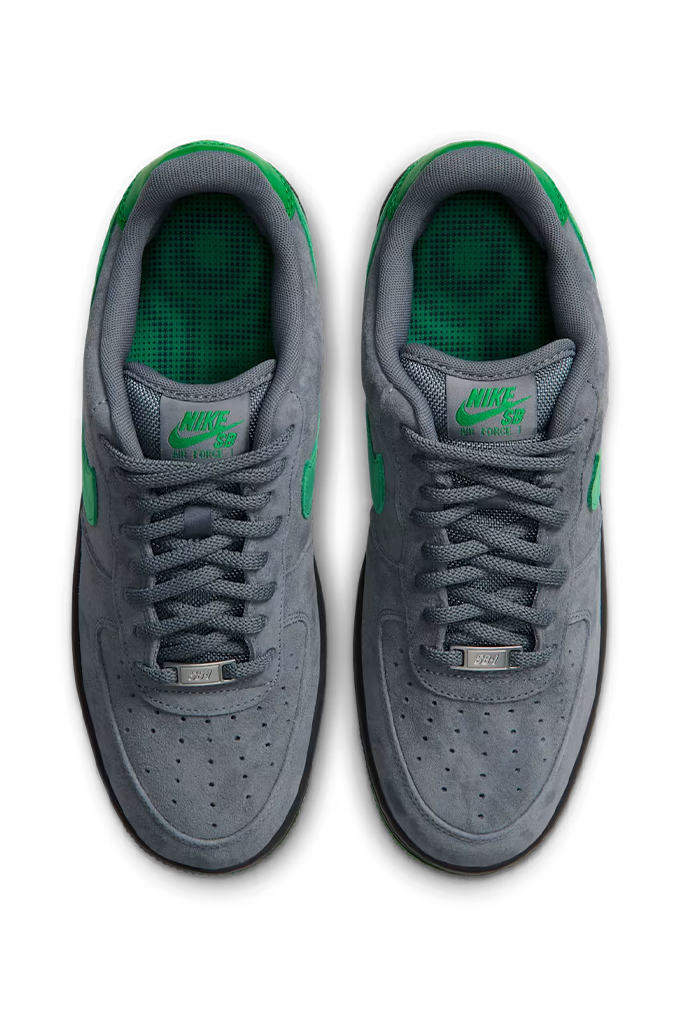 A pair of Nike SB Air Force 1 Low SE Cool Grey Court Green skate shoes top view