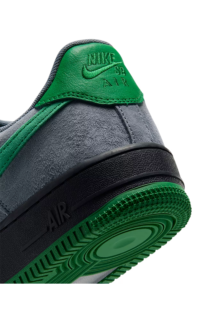Nike SB Air Force 1 Low SE Cool Grey and Court Green sneaker close up showing grey suede upper and green back tab