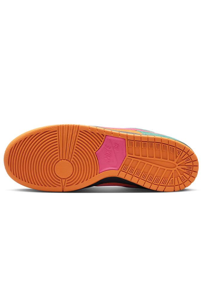 The outsole of a colorful sneaker, featuring a prominent orange tread with a bright pink accent patch in the center, shown against a plain white background.