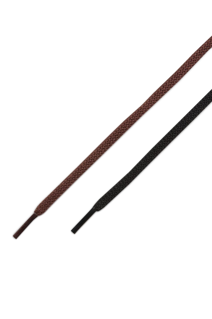 Two flat braided shoelaces, one brown and one black, shown diagonally on a plain white background.