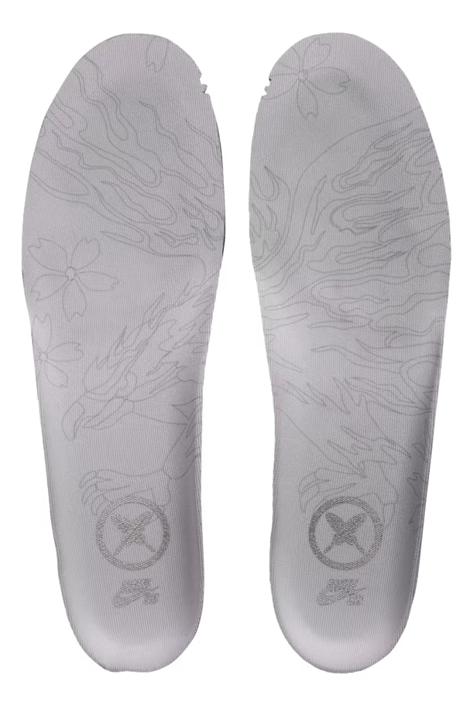 A pair of white athletic shoe insoles with light gray topographic line art and floral motifs, featuring a circular logo and Nike Swoosh near the heel.