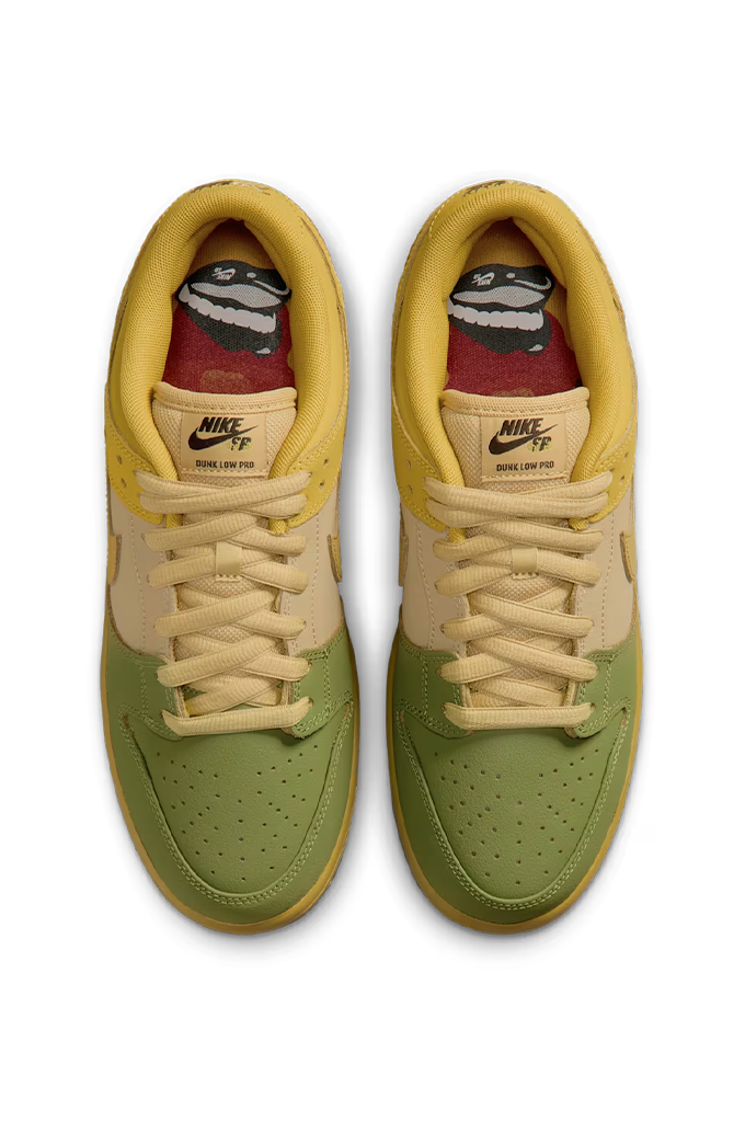 A pair of Nike Air Force 1 Low sneakers shown from a top-down view. The shoes feature a color-blocked design with an olive green toe and quarter panel, a light beige midfoot and tongue, and a yellow collar and outsole.