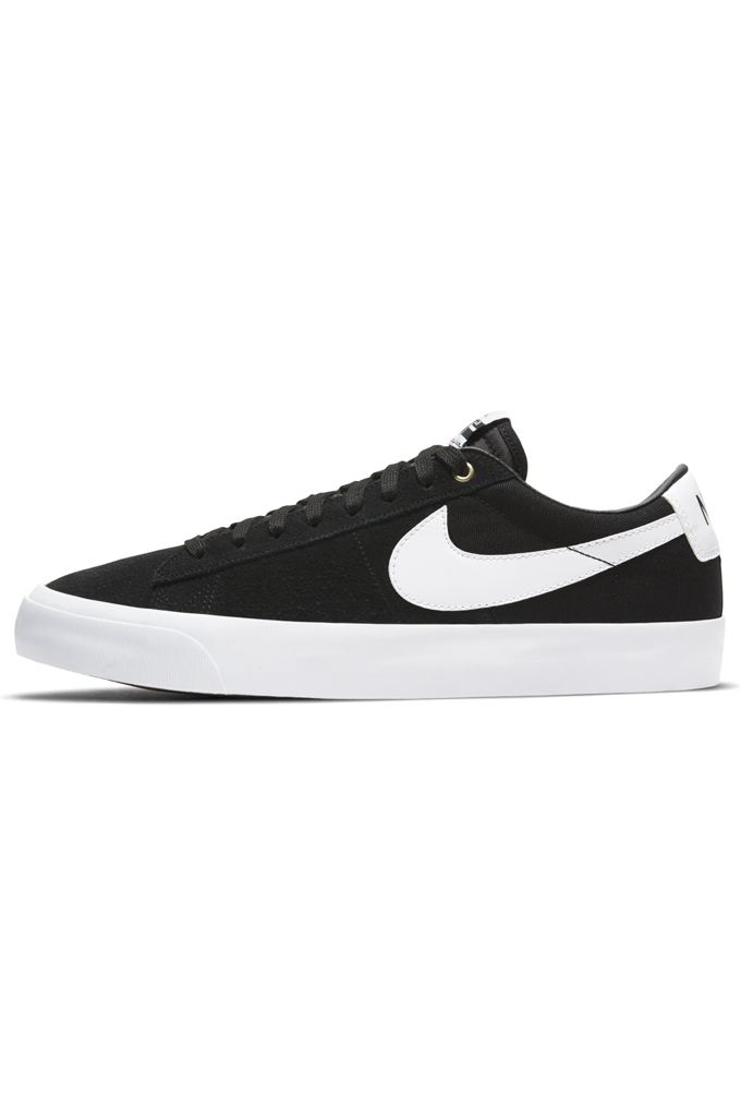 Black and white skate shoe with black swoosh and gum sole, ideal for skateboarding and casual wear.#color_black-white-black