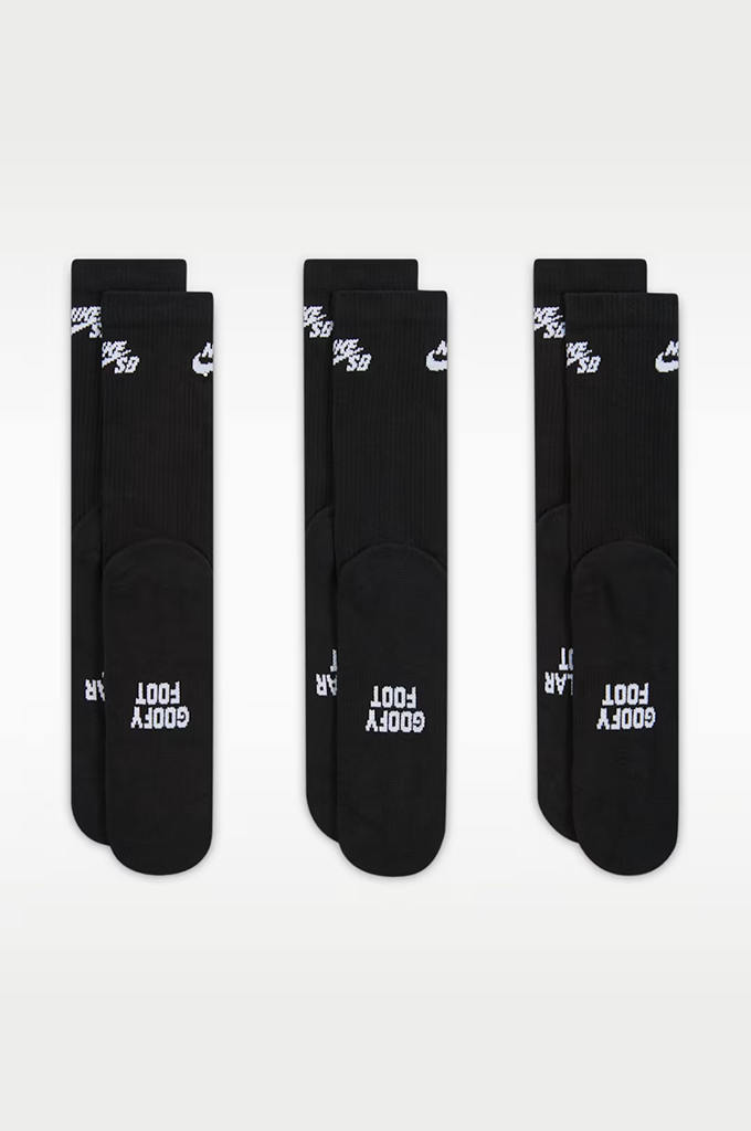 Three pairs of black crew socks with white printed logos and text, arranged side by side on a light gray background.#color_black
