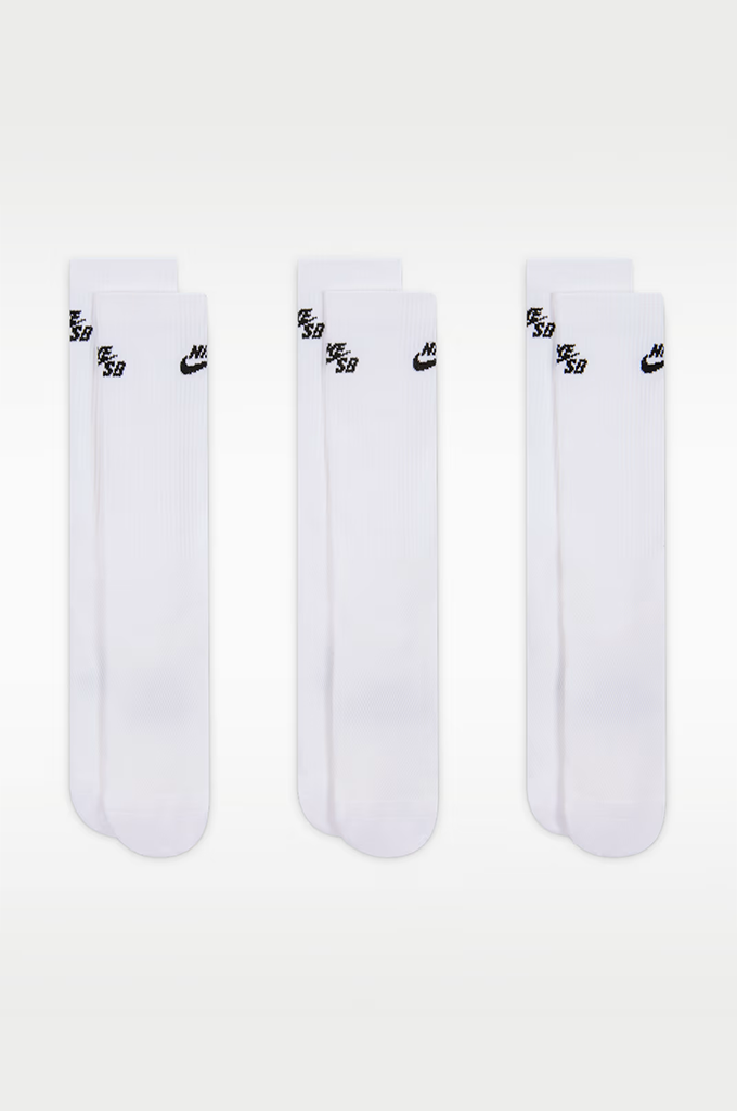 Three pairs of white crew socks with black printed Nike logos and swooshes on the cuffs, arranged side-by-side against a light gray background.#color_white