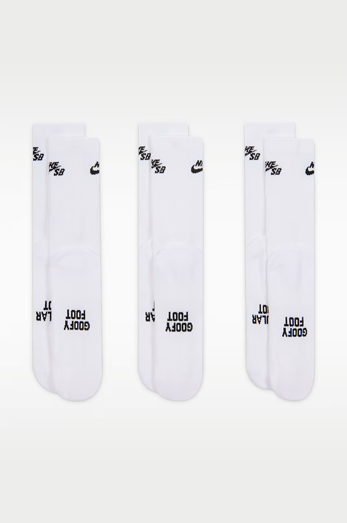 Three pairs of white crew socks with black printed text and logo designs, arranged side-by-side on a light gray background.#color_white