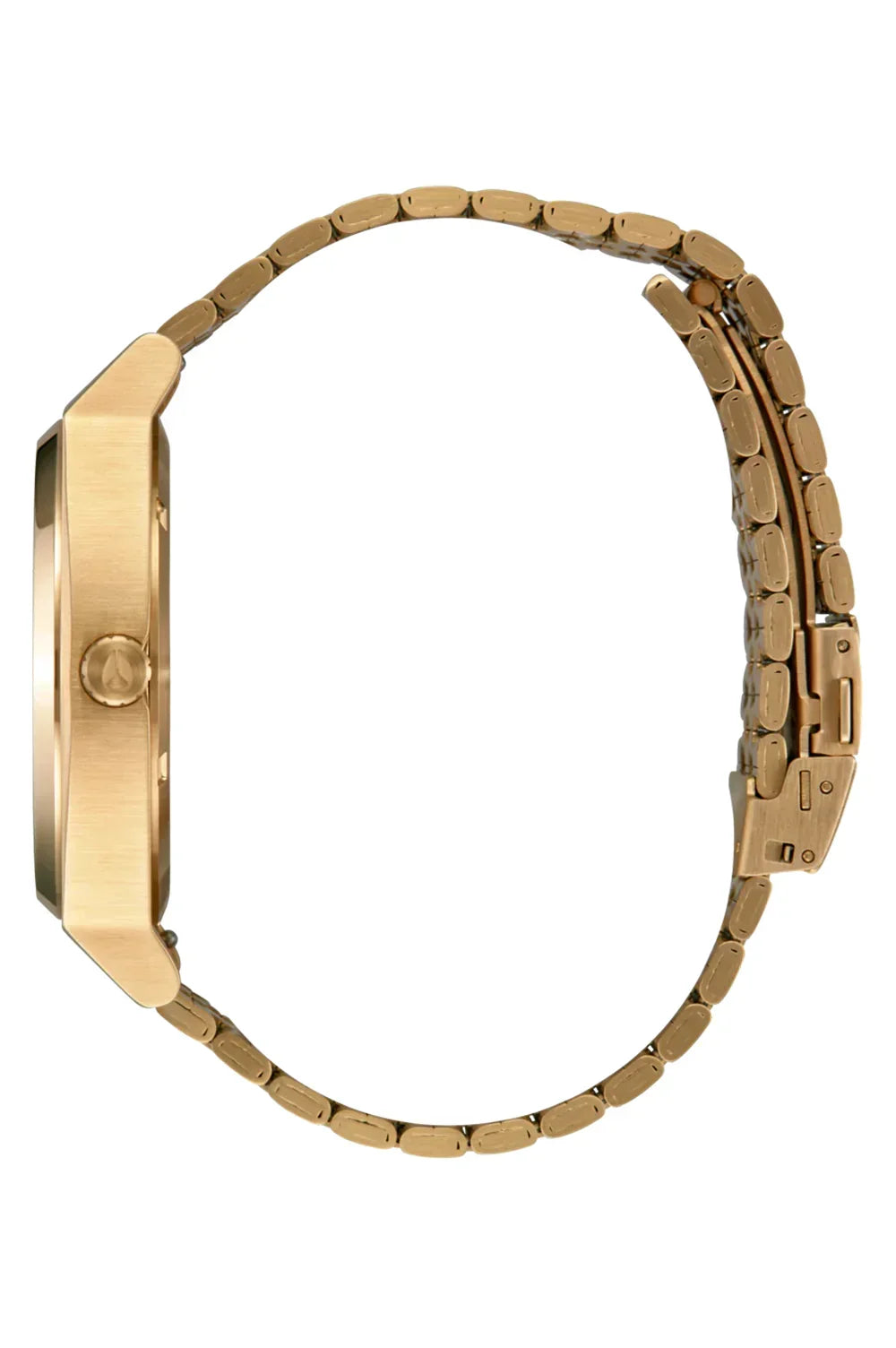Gold-tone metal watch with link bracelet, side view
