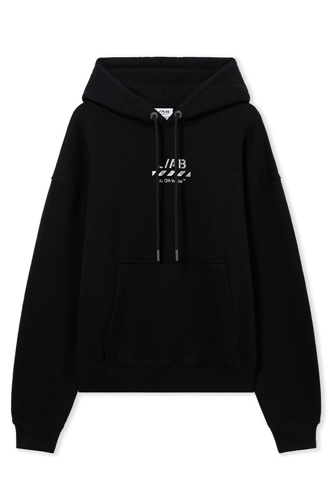 A black pullover hoodie with a white printed graphic on the chest reading 'J.A.