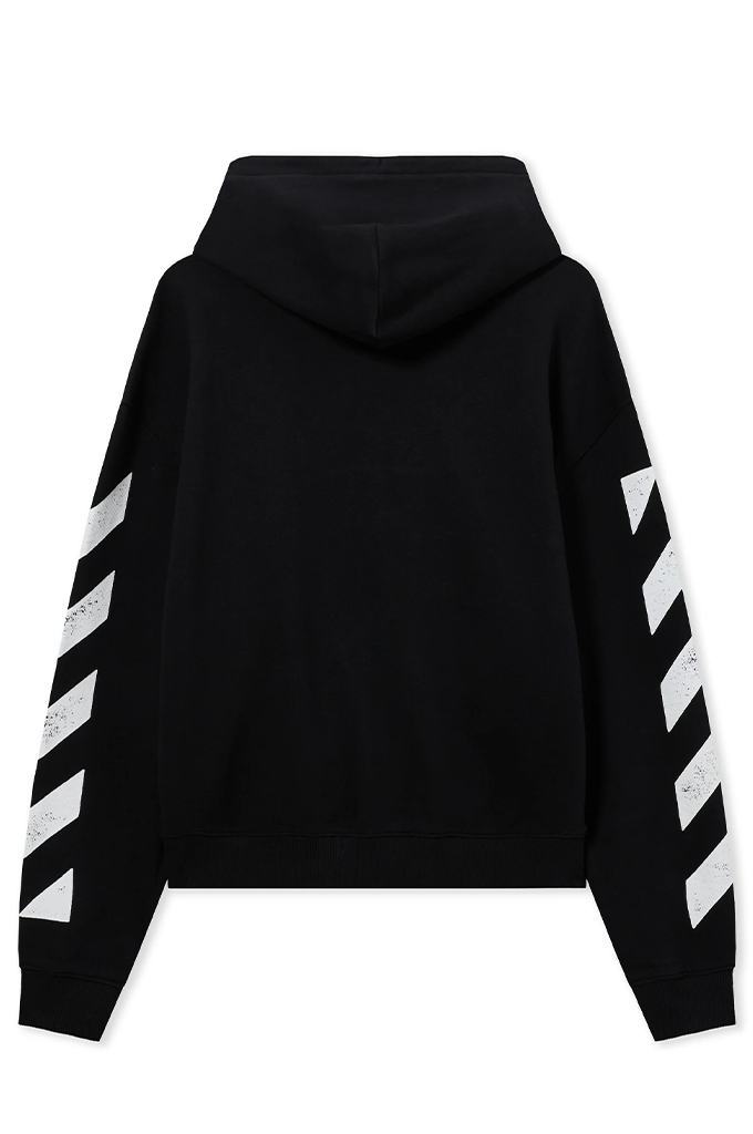 A black pullover hoodie shown from the back, featuring bold white diagonal stripes printed down both sleeves, photographed against a solid white background.