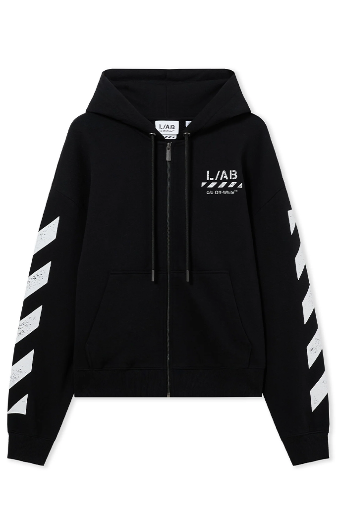 A black zip-up hoodie with white diagonal stripes on both sleeves and white 'L/AB' branding on the chest, displayed against a solid white background.