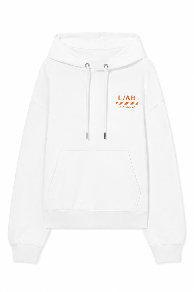 A white pullover hoodie with a small orange 'L/A.B' graphic on the left chest, displayed against a solid white background.