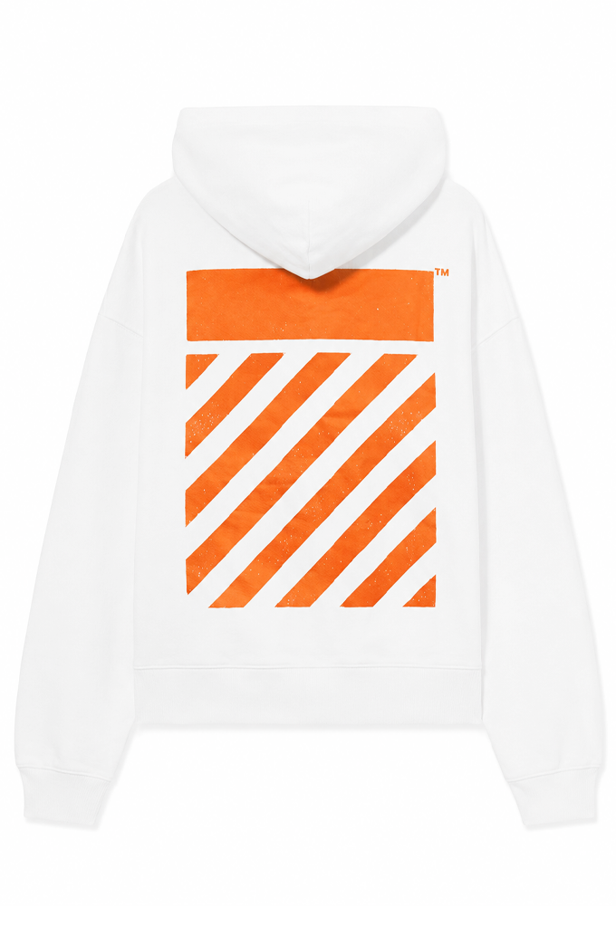 White pullover hoodie shown from the back, featuring a large orange graphic print with a solid block and diagonal stripes, and a small Off-White style TM logo on the upper right.