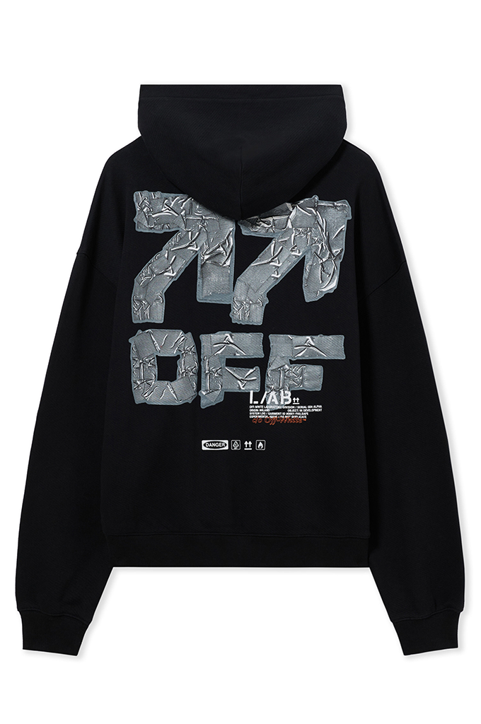 Black pullover hoodie shown from the back, featuring a large metallic silver '777 OFF' graphic and smaller 'L.A.#color_black