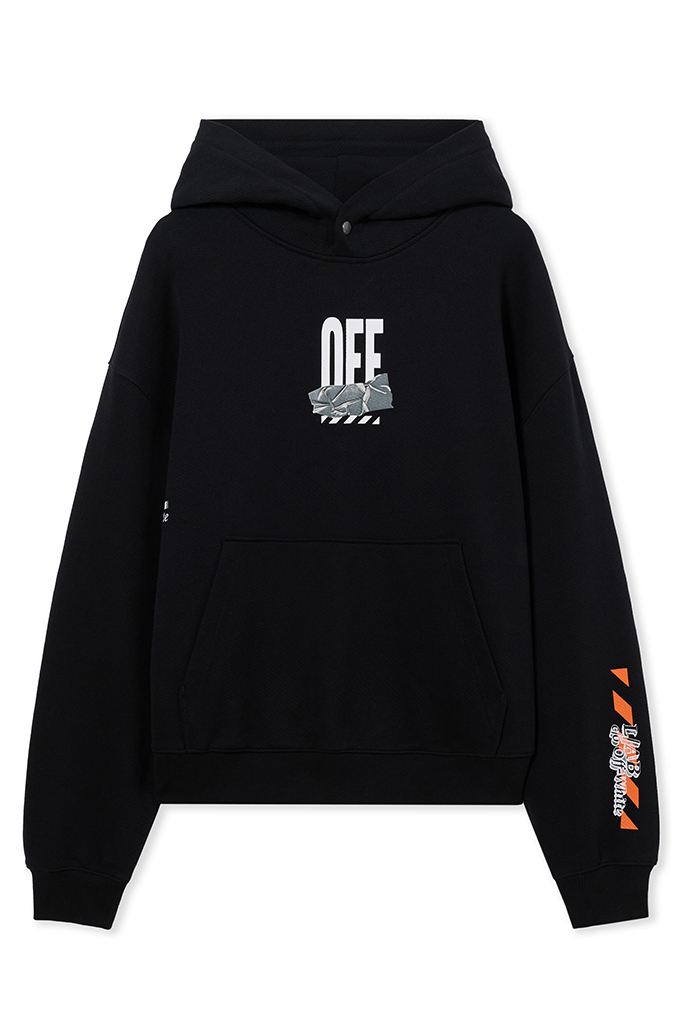 A black pullover hoodie with a white graphic print on the chest reading 'OFF' above a shoe illustration, and an orange and white graphic on the right sleeve, shown against a plain white background.#color_black
