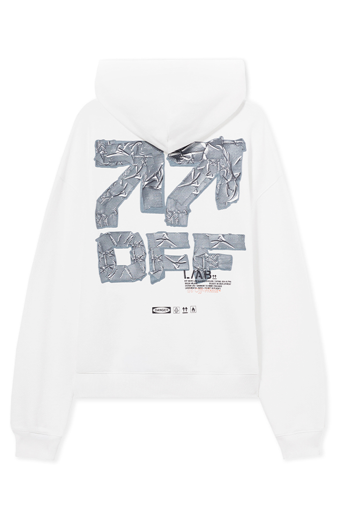 A white pullover hoodie shown from the back, featuring a large metallic silver graphic print of the numbers '777' and the word 'OFF' with small text details below.#color_white