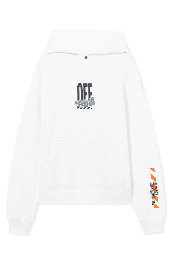 A white pullover hoodie with a black and gray graphic on the chest reading 'OFF' and a small orange-and-black graphic on the right sleeve, shown on a plain white background.#color_white