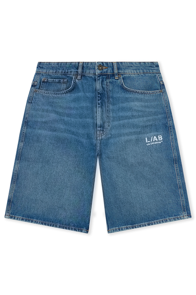 Front of denim jean shorts from Off-White laying flat on a white background. 