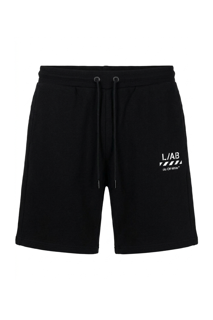 Black sweat shorts with a white L/AB logo on the left leg, featuring a drawstring waistband, shown against a plain white background.