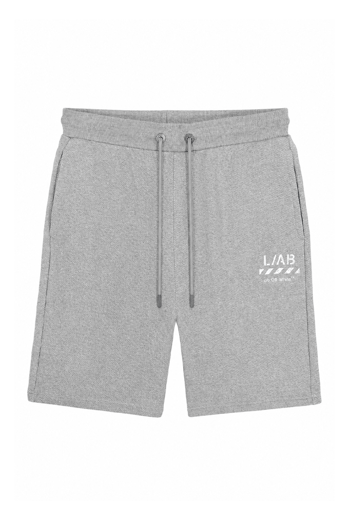 Light gray heather sweat shorts with a drawstring waist and a white 'L/A.B' logo printed on the left leg, shown against a plain white background.