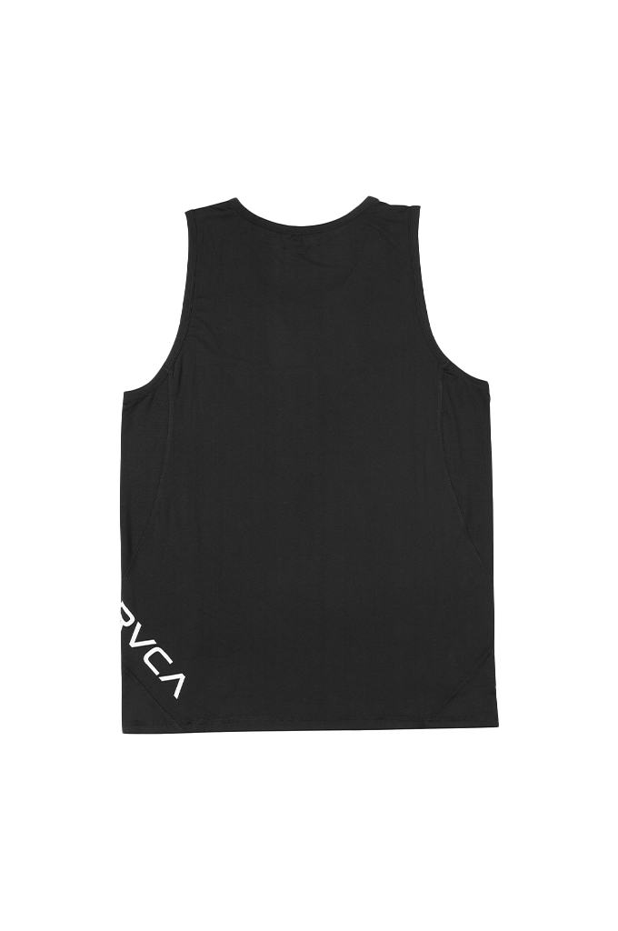 Black sleeveless tank top with a white printed logo on the lower left side, displayed flat against a white background.