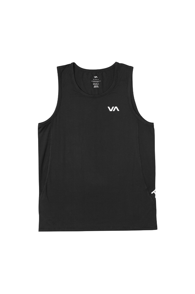 A black sleeveless athletic tank top with a small white 'VA' logo on the left chest, displayed flat against a solid white background.