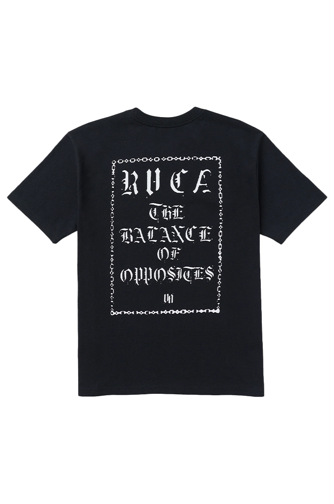 A black short-sleeve t-shirt with a white graphic print on the front reading 'RVCA THE BALANCE OF OPPOSITIONS' inside a decorative border, shown against a plain white background.