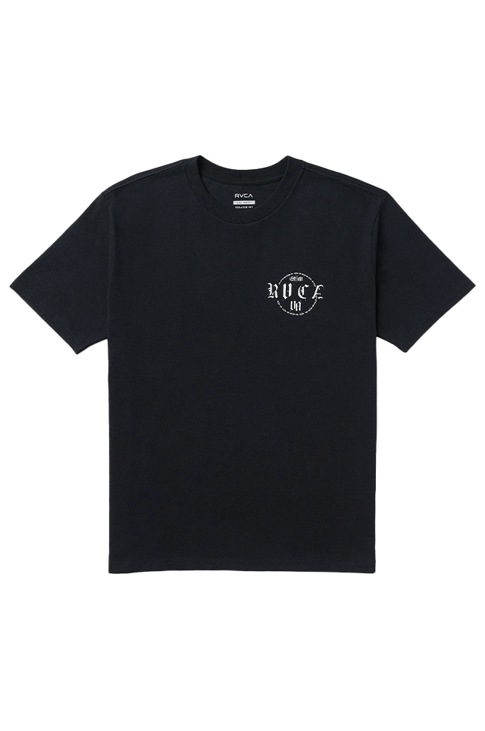 A black short-sleeve crewneck t-shirt with a small white circular graphic on the left chest, displayed flat against a solid white background.